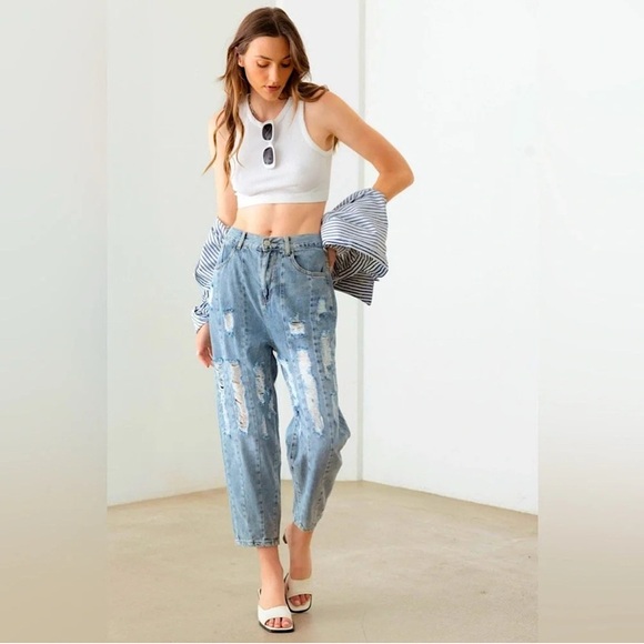 Light Blue Wash Barrel Leg High Waist Distressed Jeans - Picture 1 of 6